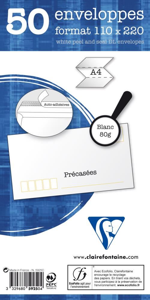 CLAIREFONTAINE 50 enveloppes autoadh&eacute;sives pr&eacute;cas&eacute;es  110x220mm 80g 