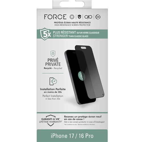 Protection d écran Forceglass 2,5D Privé Transparent pour iPhone 17 et 16 Pro