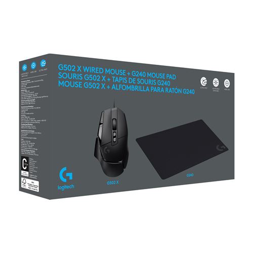 Souris Gaming filaire Logitech G502 X Noir + Tapis de souris G240