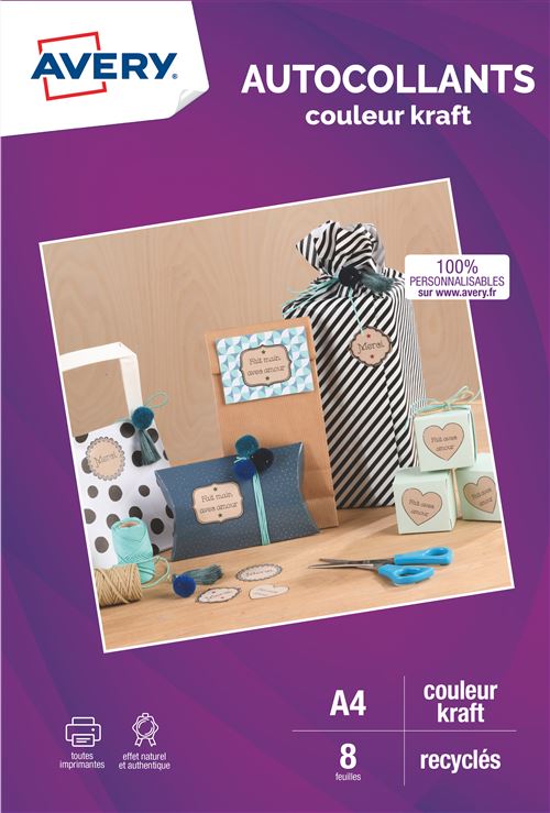 Pack de 8 feuilles autocollantes recyclées A4 Avery Dennison Kraft pour imprimantes jet d encre ou laser