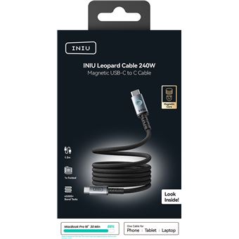 Câble magnétique Iniu Léopard USB-C vers USB-C 240 W 1.2 m Noir