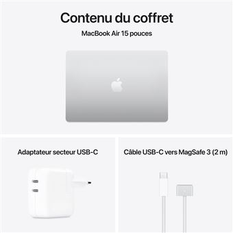 Apple MacBook Air 15'' 256 Go SSD 16 Go RAM Puce M4 CPU 10 cœurs GPU 10 cœurs Argent