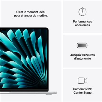 Apple MacBook Air 15'' 256 Go SSD 16 Go RAM Puce M4 CPU 10 cœurs GPU 10 cœurs Argent