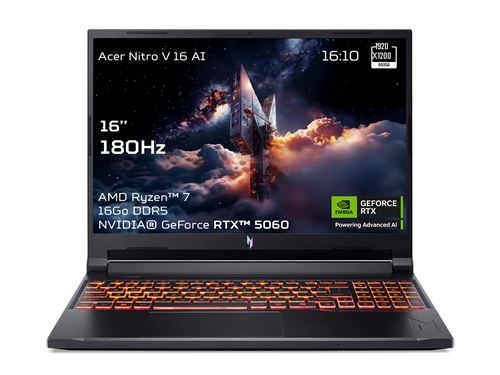 PC portable gaming Acer Nitro V 16 AI ANV16-42-R3JW 16" WUXGA 180 Hz AMD Ryzen™ 7 16 Go RAM 512 Go SSD Nvidia GeForce RTX 5060 Noir