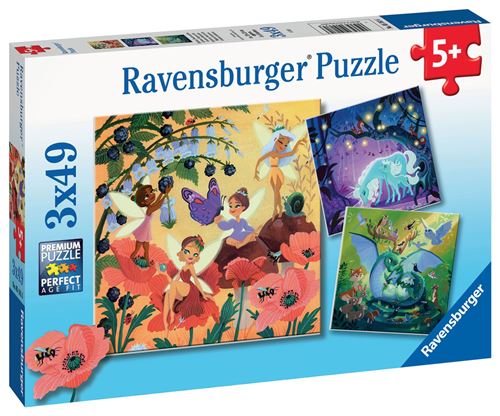 Puzzle Enfant 3X49 Pièces Ravensburger Licorne Dragon et Fée