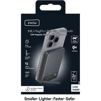 Batterie externe magnétique Iniu MagPro Slim avec 2 ports USB-C et câble USB-C 10000 mAh Noir
