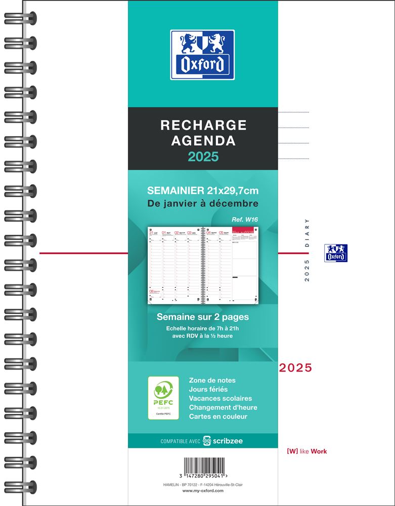 Recharge Agenda Semainier Oxford 2025 Reliure Intégrale 21 x 29,7 cm