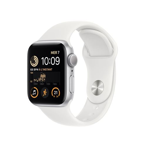 Apple Watch SE GPS 2ème génération, boîtier Aluminium Argent 40mm avec Bracelet Sport Blanc