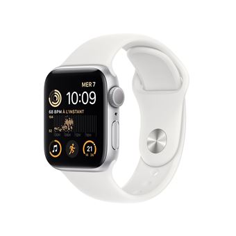 Apple Watch SE GPS 2ème génération, boîtier Aluminium Argent 40mm avec Bracelet Sport Blanc