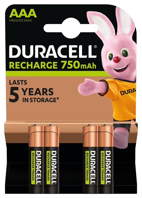 Pack de 4 piles rechargeables Duracell AAA NiMH 750 mAh Noir et Orange