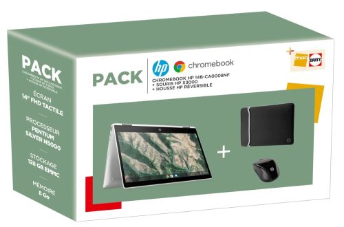 Pack Chromebook HP 14b-ca0008nf 14 Intel Pentium Silver 8 Go RAM 128 Go eMMC Blanc + Souris x3000 + Housse de protection réversible