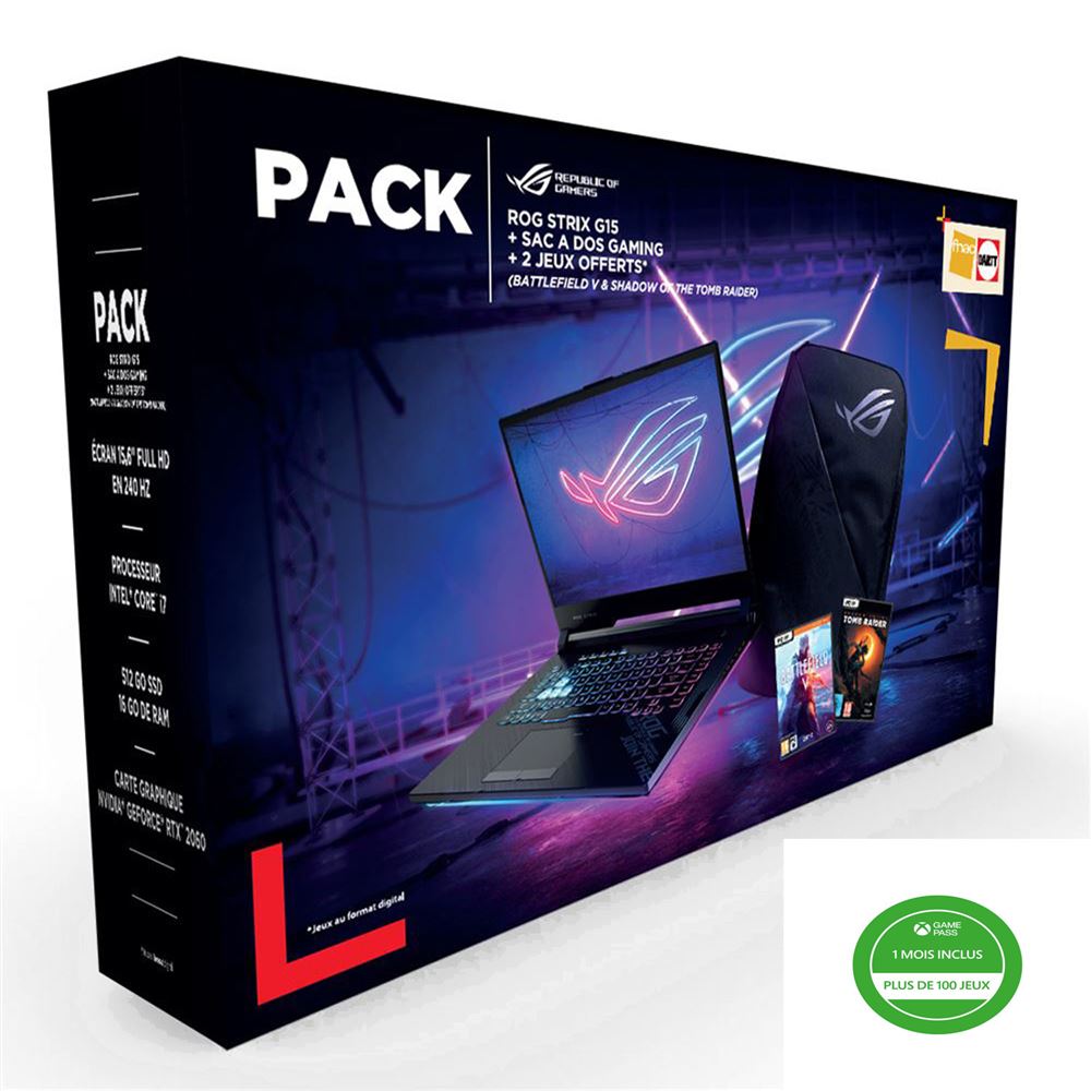 760€ sur Pack PC Portable Gamer Asus STRIX-G15-G512LV-AZ301T 15.6 Intel  Core i7 16 Go RAM 512 Go SSD Noir + Sac à dos gaming Rog pour 15 Noir +  Battlefield V PC +