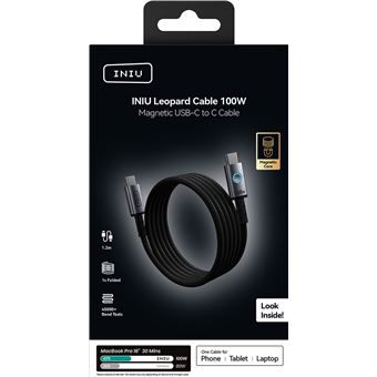 Câble magnétique Iniu Léopard USB-C vers USB-C 100 W 1,2 m Noir