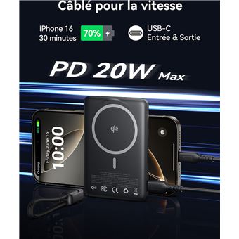Batterie externe magnétique Iniu MagPro Slim avec 1 port USB-C et câble USB-C 5000 mAh Noir