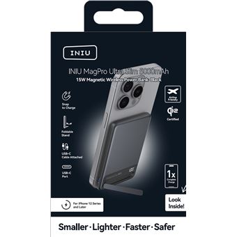 Batterie externe magnétique Iniu MagPro Slim avec 1 port USB-C et câble USB-C 5000 mAh Noir