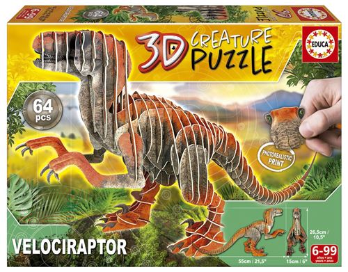 Educa Puzzle 3D Créature Vélociraptor | Assemblez Votre Propre Dinosaure en 3D de 55 cm de Long et 26 5 cm de Haut. 64 Pièces en Carton Recyclé. Images Photoréalistes | A partir de 19382 - vue 9