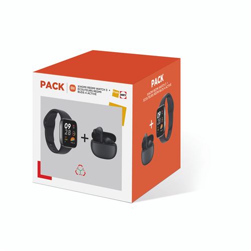 Pack Fnac Montre Connectée Xiaomi Redmi Watch 3 44 Mm Noir + Ecouteurs Sans Fil Intra-Auriculaire Buds 4 Active Bluetooth Noir