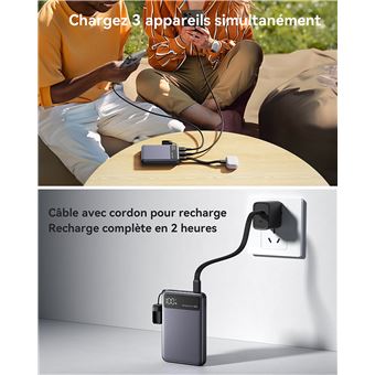 Batterie externe Iniu Pocket Pro slim 10000 mAh USB A/C Gris et Noir + câble USB C