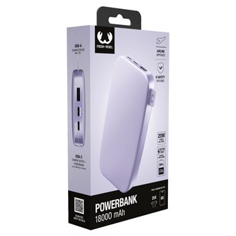 POWERBANK 18000MAH Batterie rechargeable de poche - Dreamy Lilac - 2PB18100DL2.Charge ultra rapide avec 20 W Power Delivery.Chargez jusqu''a 50 % en 30 min. 6 fonctions de securite. Approuvee par les compagnies aerien.
