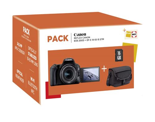 Reflex Canon EOS 200D Noir + Objectif EF-S 18-55 mm f/4.5-5.6 IS STM + Carte SD 16Go