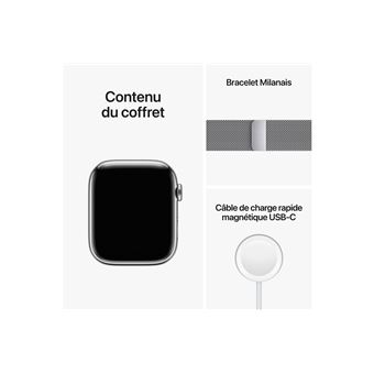 Apple Watch Series 8 GPS + Cellular, boîtier Acier inoxydable argent 45mm avec Boucle Milanaise Argent