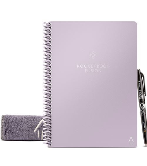 Carnet RocketBook Fusion Executive Cahier Connecté A5 Réutilisable 42 Pages avec Stylo et Serviette en Microfibre Lilas