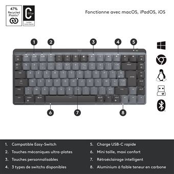 Mini Clavier Azerty sans fil rétroéclairé Wifi Logitech MX Mechanical Noir