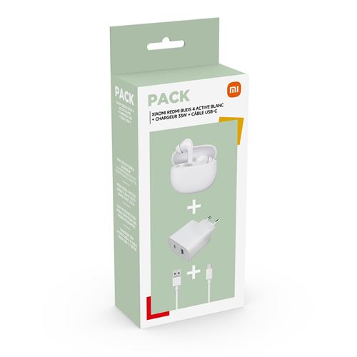 Pack Ecouteurs Sans Fil Intra-Auriculaire Xiaomi Redmi Buds 4 Bluetooth Blanc + Chargeur 33 W A+C + Câble Usb-Type C