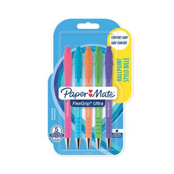 Stylo-Bille Flexgrip Brights Retractable - Pointe Moyenne - Encre Noire - Corps : Bleu vif, Vert vif, Orange vif, Rose vif, Violet brillant - Blister de 5
