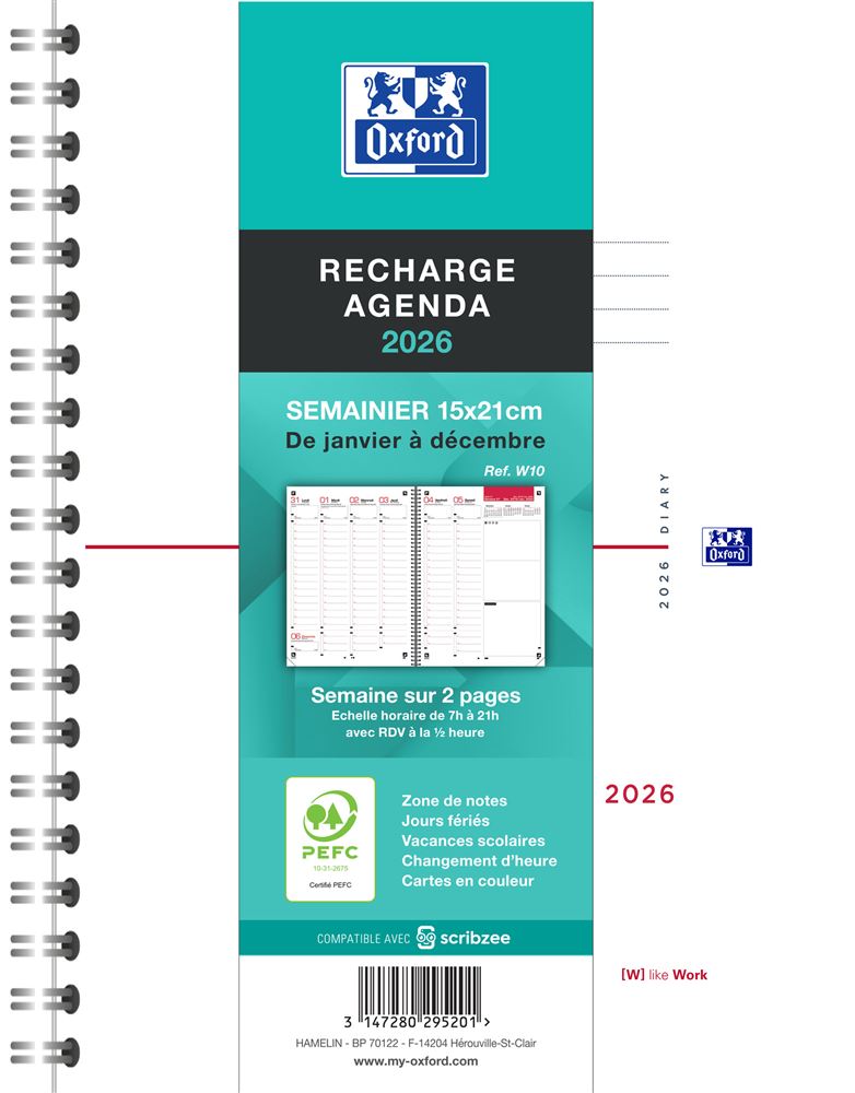 Recharge Agenda Semainier Oxford 2025 Reliure Intégrale 15 x 21 cm