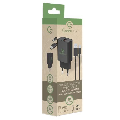 Chargeur secteur Greenjoy avec câble 2,4 A 1m Noir