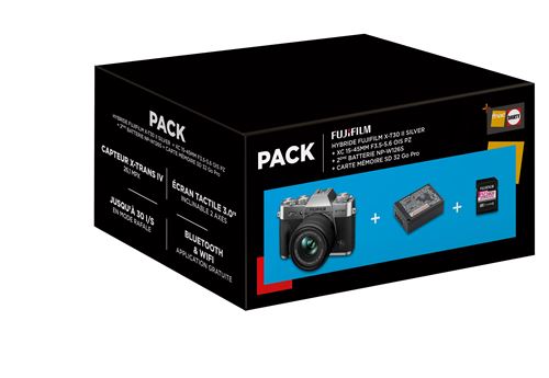 Pack Fnac Appareil photo hybride Fujifilm XT-30 II Silver + XC 15-45mm f/3.5-5.6 OIS PZ + 2ème Batterie + SD 32go Pro