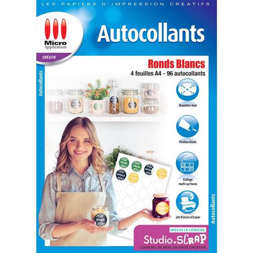 Pack de 4 feuilles A4 autocollants ronds Micro Application Blanc