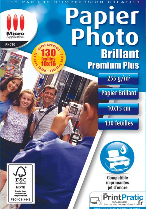 Papier photo brillant pour imprimante Micro Application Pack 130 feuilles Premium Plus 10 x 15 cm