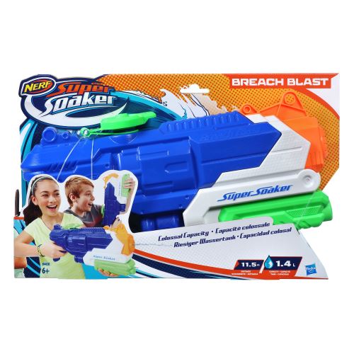 Hasbro - b4438 - pistolet à pompe - super soaker - breach blast - blanc/bleu