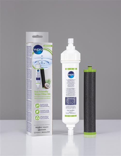 Kit de flitration externe eco-responsable universel Wpro avec cartouche compostable et remplacable Capacite : 5000 litres maximumDuree de vie : 6 mois d''utilisation continueTemperature de fonctionnement : Min. 4C (39F) / Max. 38C (100F)