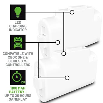 Pack Blocs-Batteries Play Just For Games Stealth SX-C8 X Blanc + Charge avec câble tressé premium Blanc et Vert pour Xbox