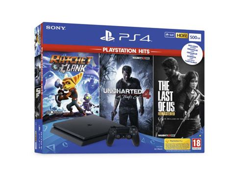 Pack Sony PS4 Slim 500 Go Noir + The Last of Us + Ratchet Clank + Uncharted 4