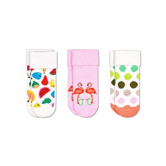 Pack de 3 paires de chaussettes hautes Happy Socks Flamingo et fruits Taille 0-6 Mois Blanc et Rose