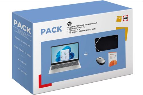 Pack PC Ultra-Portable HP 14-ep0013nf 14 Intel® Core™ i3 8 Go RAM 512 Go SSD Argent naturel + Souris HP Sans Fil + Housse HP 14 + Microsoft 365 Personnel 1 an