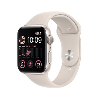 Apple Watch SE GPS 2ème génération, boîtier Aluminium Lumière Stellaire 44mm avec Bracelet Sport Lumière Stellaire