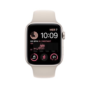 Apple Watch SE GPS 2ème génération, boîtier Aluminium Lumière Stellaire 44mm avec Bracelet Sport Lumière Stellaire