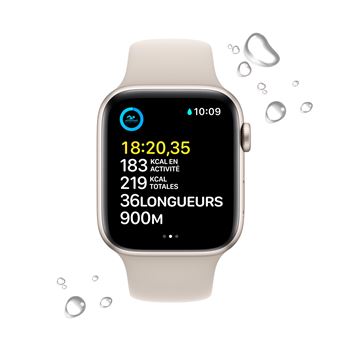 Apple Watch SE GPS 2ème génération, boîtier Aluminium Lumière Stellaire 44mm avec Bracelet Sport Lumière Stellaire