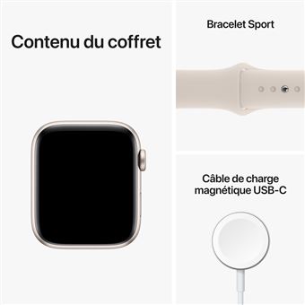 Apple Watch SE GPS 2ème génération, boîtier Aluminium Lumière Stellaire 44mm avec Bracelet Sport Lumière Stellaire