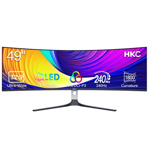 Ecran 49'' HKC GS49UK gaming 5120x1440 OLED 32:9 240Hz 0.03ms 250cdm² 2xHDMI DP Type C USB 3. /O Inclinable et Reglable en hauteur 110mm Pivot Pied HAS