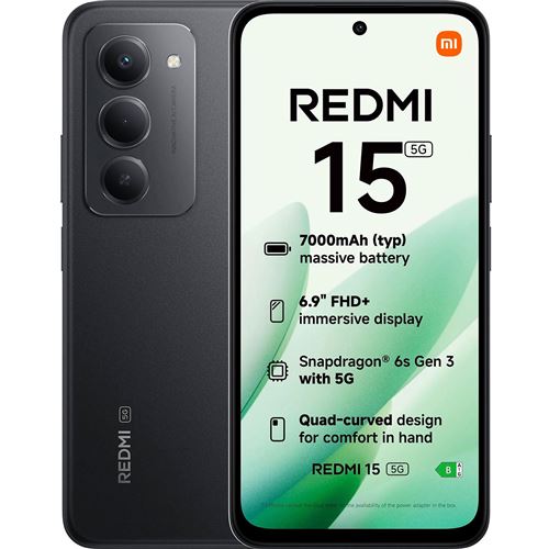 Xiaomi Noir Minuit Redmi 15 5G - 5G Smartphone - Double Sim - Ram 4 Go / Mémoire Interne 128 Go - Microsd Slot - 6.9" - 2340 X 1080 Pixels (144 Hz) - 2X Caméras Arrière 50 Mp - Front Camera 8 Mp
