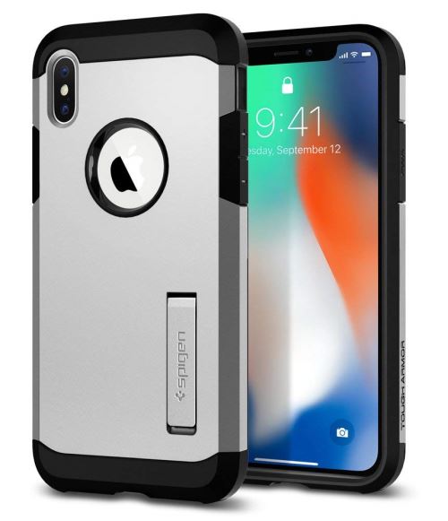 Spigen Tough Armor - Achterzijde behuizing voor mobiele telefoon - polycarbonaat, thermoplastic polyurethaan (TPU) - satijnzilver - voor Apple iPhone X
