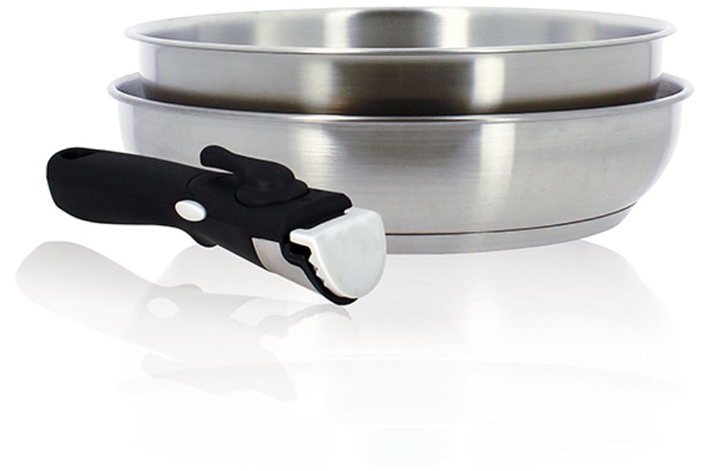 Lot De 3 Poêles Inox 18/10 MENASTYL Iris - Tous Feux Dont Induction, Poignée Amovible, Empilables (20, 24, 28 Cm) - Sans PFAS