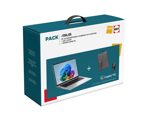 Pack PC portable Asus Vivobook 14 14S1407QA-BRUN078W 14 60Hz Copilot+ Snapdragon® X 16 Go RAM 512 Go SSD Gris + Sac à dos + Souris sans fil