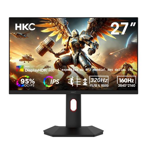 Ecran 27'' HKC G27H7P gaming UHD 160Hz FHD 320Hz Dual mode Fast IPS 16:9 160Hz 1ms 350cdm² 2xHDMI DP AO Inclinable et Reglable en hauteur 100mmPivot Pied HAS